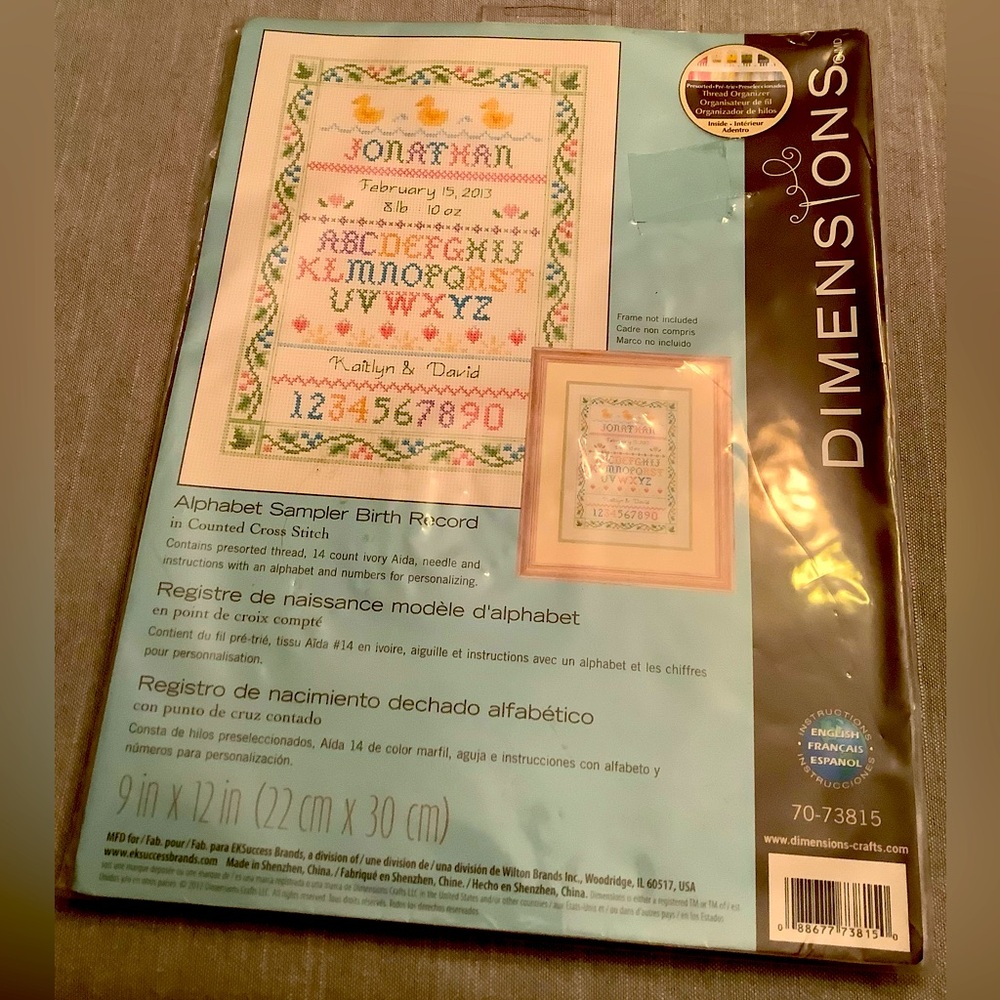 Dimensions alphabets sampler birth record counted cross stich 9x 12